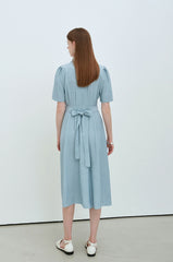 Sky Blue Linen Wrap Midi Dress with Notch Lapel, Short Sleeves, and Back Waist Tie Detail