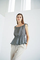 Cropped Linen Blouse with Oversized Collar and Ruffle Sleeves