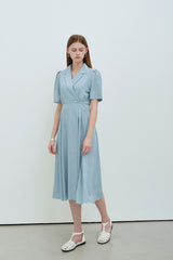Sky Blue Linen Wrap Midi Dress with Notch Lapel, Short Sleeves, and Back Waist Tie Detail