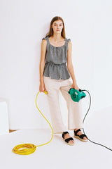 Cropped Linen Blouse with Oversized Collar and Ruffle Sleeves