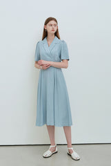 Sky Blue Linen Wrap Midi Dress with Notch Lapel, Short Sleeves, and Back Waist Tie Detail