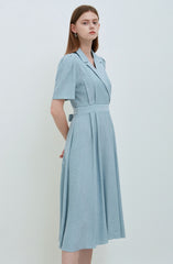 Sky Blue Linen Wrap Midi Dress with Notch Lapel, Short Sleeves, and Back Waist Tie Detail