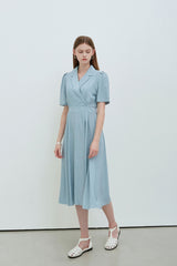 Sky Blue Linen Wrap Midi Dress with Notch Lapel, Short Sleeves, and Back Waist Tie Detail