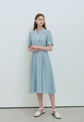 Sky Blue Linen Wrap Midi Dress with Notch Lapel, Short Sleeves, and Back Waist Tie Detail