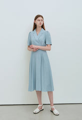 Sky Blue Linen Wrap Midi Dress with Notch Lapel, Short Sleeves, and Back Waist Tie Detail