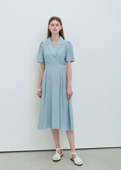 Sky Blue Linen Wrap Midi Dress with Notch Lapel, Short Sleeves, and Back Waist Tie Detail