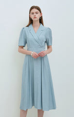 Sky Blue Linen Wrap Midi Dress with Notch Lapel, Short Sleeves, and Back Waist Tie Detail