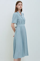 Sky Blue Linen Wrap Midi Dress with Notch Lapel, Short Sleeves, and Back Waist Tie Detail