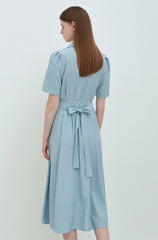 Sky Blue Linen Wrap Midi Dress with Notch Lapel, Short Sleeves, and Back Waist Tie Detail