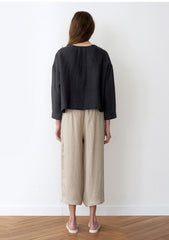 Wide-Leg Cropped Linen Pants With Elastic Waistband And Clean Pleat Front For Relaxed Elegance