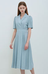 Sky Blue Linen Wrap Midi Dress with Notch Lapel, Short Sleeves, and Back Waist Tie Detail