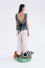 Cropped Linen Blouse with Oversized Collar and Ruffle Sleeves