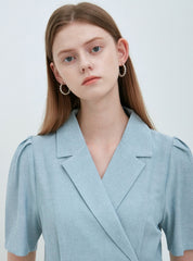 Sky Blue Linen Wrap Midi Dress with Notch Lapel, Short Sleeves, and Back Waist Tie Detail