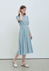 Sky Blue Linen Wrap Midi Dress with Notch Lapel, Short Sleeves, and Back Waist Tie Detail