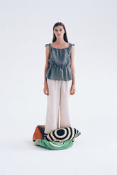 Cropped Linen Blouse with Oversized Collar and Ruffle Sleeves