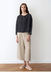 Wide-Leg Cropped Linen Pants With Elastic Waistband And Clean Pleat Front For Relaxed Elegance