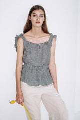 Cropped Linen Blouse with Oversized Collar and Ruffle Sleeves