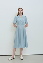 Sky Blue Linen Wrap Midi Dress with Notch Lapel, Short Sleeves, and Back Waist Tie Detail