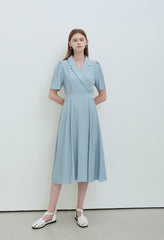 Sky Blue Linen Wrap Midi Dress with Notch Lapel, Short Sleeves, and Back Waist Tie Detail