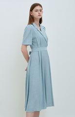 Sky Blue Linen Wrap Midi Dress with Notch Lapel, Short Sleeves, and Back Waist Tie Detail