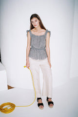 Cropped Linen Blouse with Oversized Collar and Ruffle Sleeves