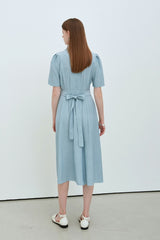 Sky Blue Linen Wrap Midi Dress with Notch Lapel, Short Sleeves, and Back Waist Tie Detail