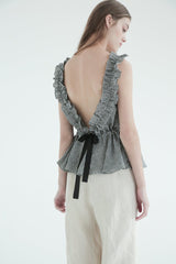 Cropped Linen Blouse with Oversized Collar and Ruffle Sleeves