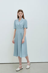 Sky Blue Linen Wrap Midi Dress with Notch Lapel, Short Sleeves, and Back Waist Tie Detail