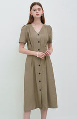 Elegant Button-Front Linen Midi Dress with Flattering Pleats and Feminine Silhouette