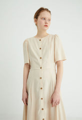 Short Sleeve Button-Down Linen Midi Dress with Flared Hem and Adjustable Waist Tie