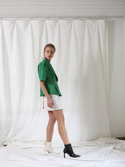 Structured Linen Blazer With Puff Sleeves, Oversized Lapels, And Pleated Waist Detail