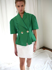 Structured Linen Blazer With Puff Sleeves, Oversized Lapels, And Pleated Waist Detail