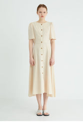 Short Sleeve Button-Down Linen Midi Dress with Flared Hem and Adjustable Waist Tie