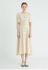 Short Sleeve Button-Down Linen Midi Dress with Flared Hem and Adjustable Waist Tie