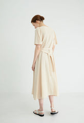 Short Sleeve Button-Down Linen Midi Dress with Flared Hem and Adjustable Waist Tie