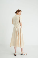 Short Sleeve Button-Down Linen Midi Dress with Flared Hem and Adjustable Waist Tie