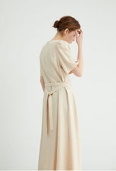 Short Sleeve Button-Down Linen Midi Dress with Flared Hem and Adjustable Waist Tie