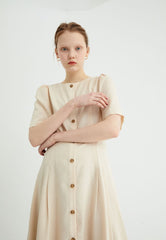 Short Sleeve Button-Down Linen Midi Dress with Flared Hem and Adjustable Waist Tie