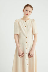 Short Sleeve Button-Down Linen Midi Dress with Flared Hem and Adjustable Waist Tie