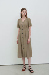 Elegant Button-Front Linen Midi Dress with Flattering Pleats and Feminine Silhouette
