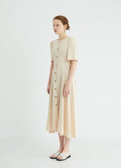 Short Sleeve Button-Down Linen Midi Dress with Flared Hem and Adjustable Waist Tie