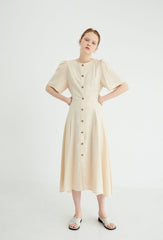 Short Sleeve Button-Down Linen Midi Dress with Flared Hem and Adjustable Waist Tie
