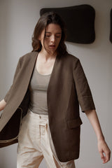 Half-Sleeve Linen Blazer with Minimalist Tailoring in Rich Brown for Elevated Casual Looks