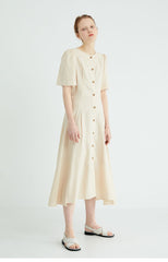 Short Sleeve Button-Down Linen Midi Dress with Flared Hem and Adjustable Waist Tie