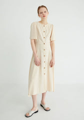 Short Sleeve Button-Down Linen Midi Dress with Flared Hem and Adjustable Waist Tie
