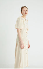 Short Sleeve Button-Down Linen Midi Dress with Flared Hem and Adjustable Waist Tie