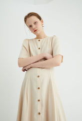 Short Sleeve Button-Down Linen Midi Dress with Flared Hem and Adjustable Waist Tie