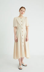 Short Sleeve Button-Down Linen Midi Dress with Flared Hem and Adjustable Waist Tie