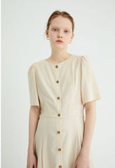 Short Sleeve Button-Down Linen Midi Dress with Flared Hem and Adjustable Waist Tie