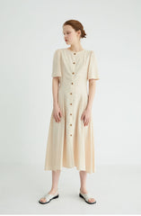 Short Sleeve Button-Down Linen Midi Dress with Flared Hem and Adjustable Waist Tie